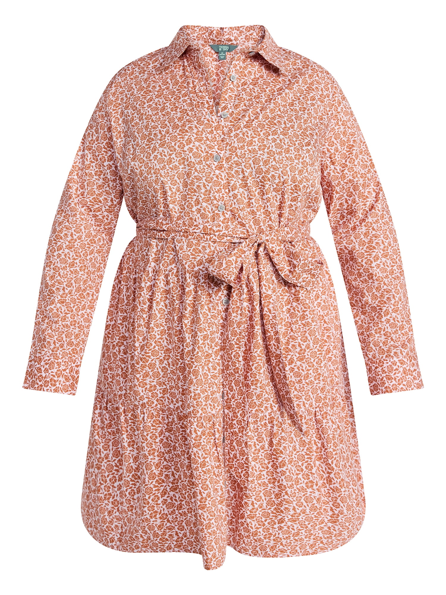 Terra & Sky Women's Plus Size Tiered Shirt Dress with Long Sleeves, Sizes 0X-5X