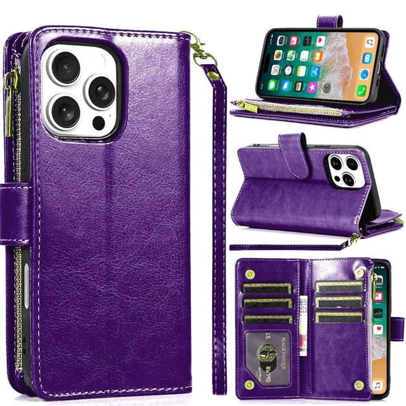 Leather Wallet Case with Zipper Pocket for iPhone 16 Pro Max - Purple
