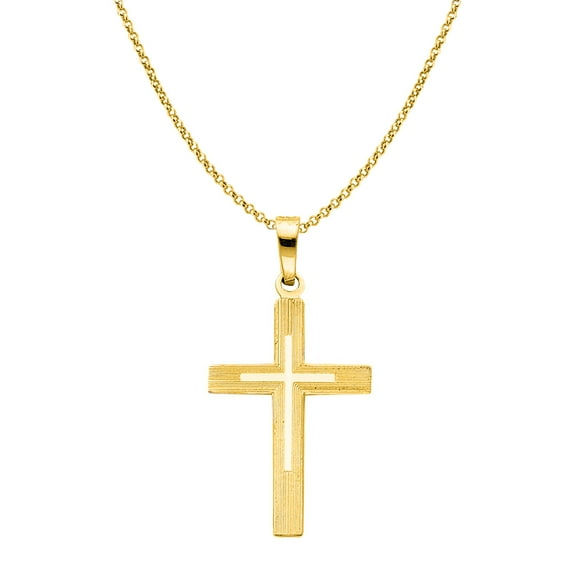 Precious Stars 14K Yellow Gold Religious 0.78" Cross Unisex Pendant with 16" Chain Necklace