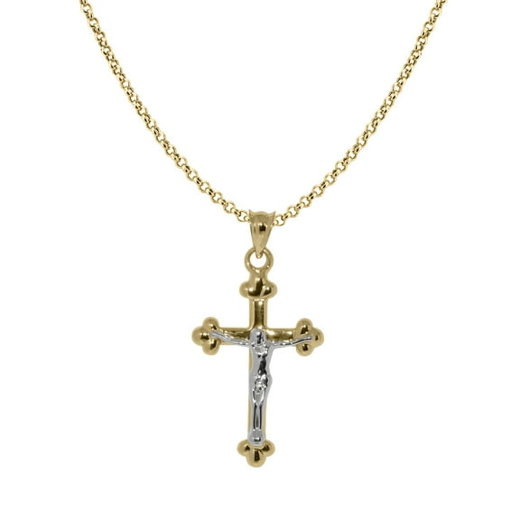 Precious Stars 14K Two-Tone Gold Polished Crucifix Religious Unisex Pendant with 16" Chain Necklace