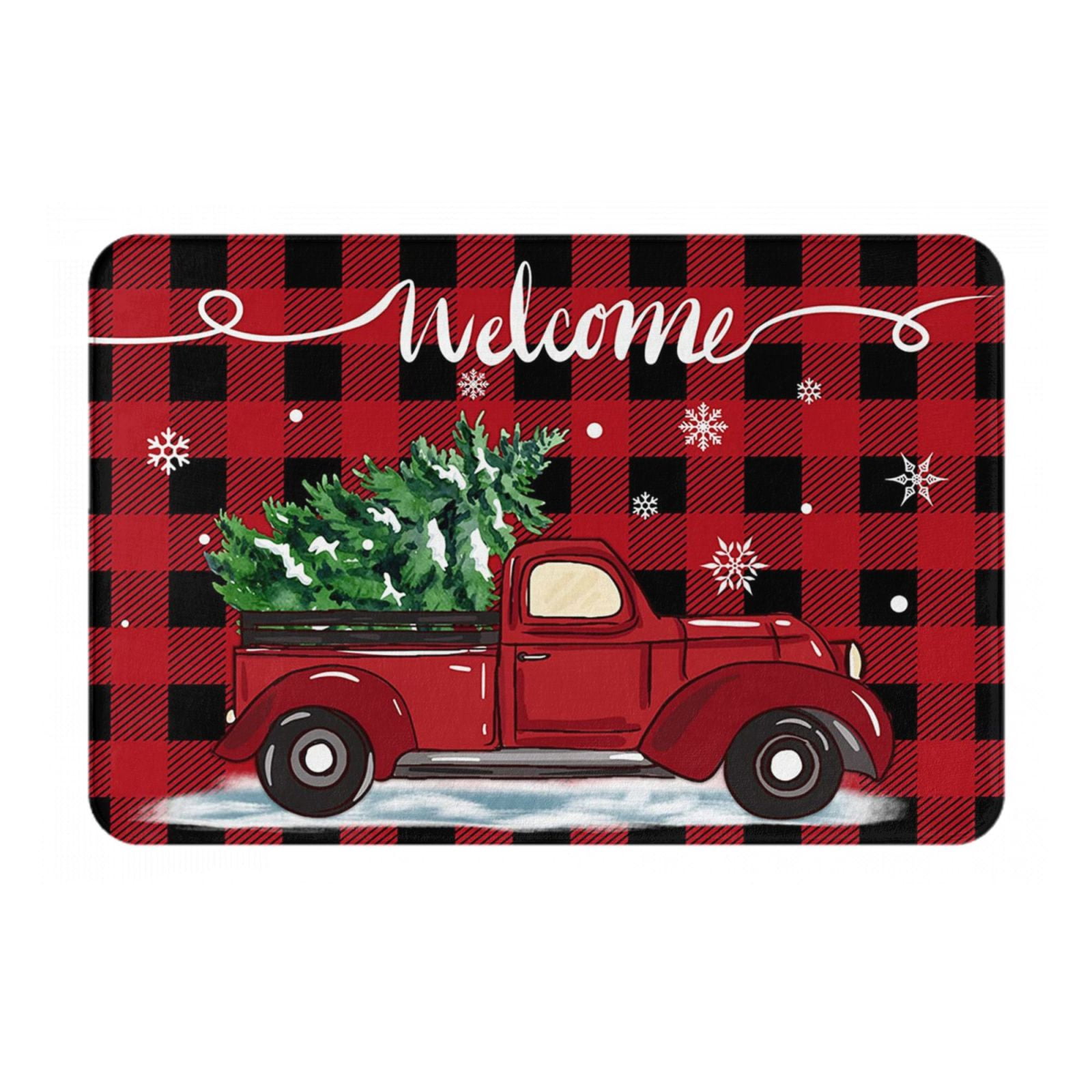 Christmas Tree Red Truck Door Mats Winter Buffalo Check Plaid Bath Mat