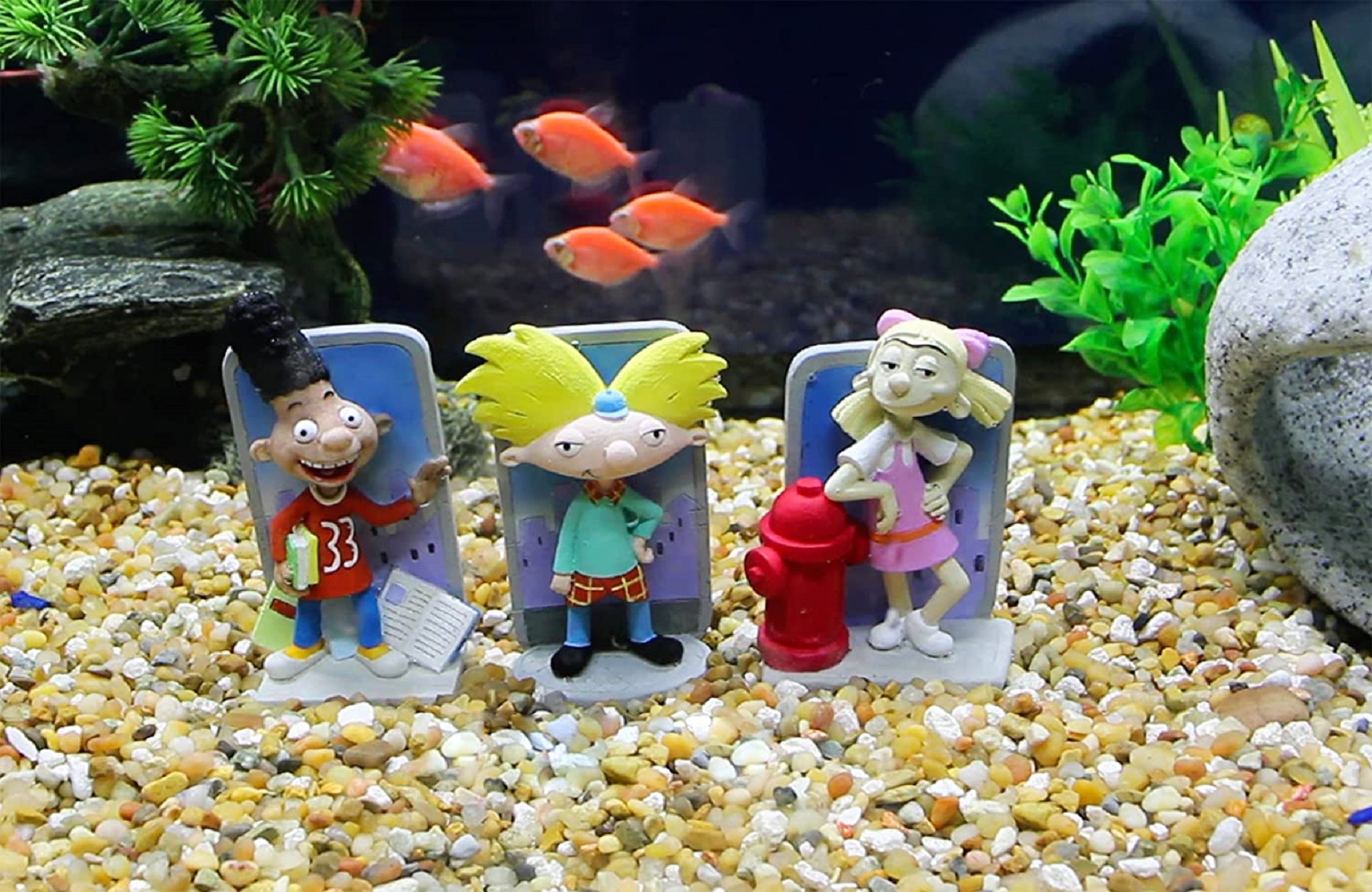 Penn-Plax Hey Arnold 3-Piece Aquarium Decoration Bundle – Includes Arnold, Gerald, and Helga – Small
