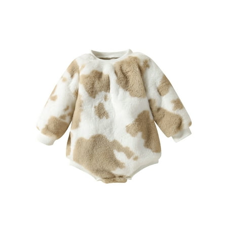 

Infant Baby Girl Fleece Fuzzy Sweatshirt Fur Long Sleeve Cow Pullover Romper Bodysuit Coat Fall Winter Warm Clothes
