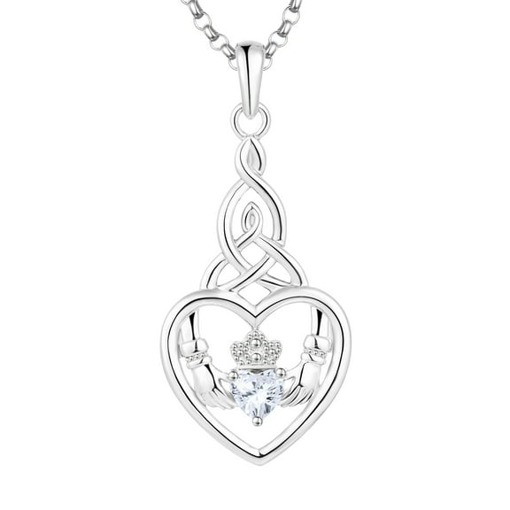 JO WISDOM Women Necklace,925 Sterling Silver Irish Celtic Claddagh Love Heart Pendant Necklace with 5A Cubic Zirconia