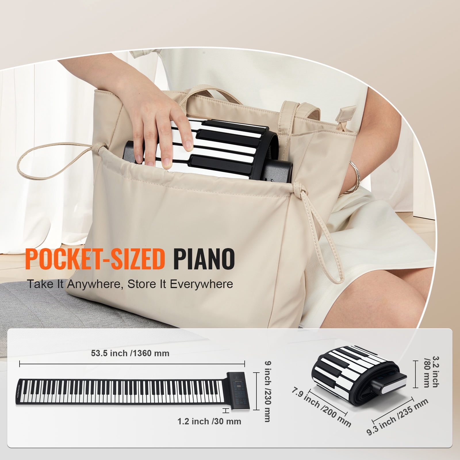 KFFKFF Roll-Up Keyboard Piano with 88 Keys, 128 Unique Rhythms and Tones, Compact Electric Digital Hand Roll Piano, Comes with Rechargeable Battery, 2W Speaker, LED Display, 5 Ports, and MIDI Functio