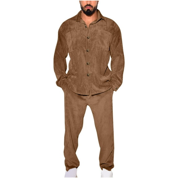 2 Piece Sets for Men Fleece Long Sleeve Button Down Shirts and Pants Pajama Sleepwear Pjs Outfits Set, L