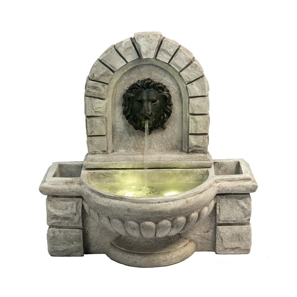 Peaktop Outdoor Lion Head Wall Fountain with Planters and LED Light