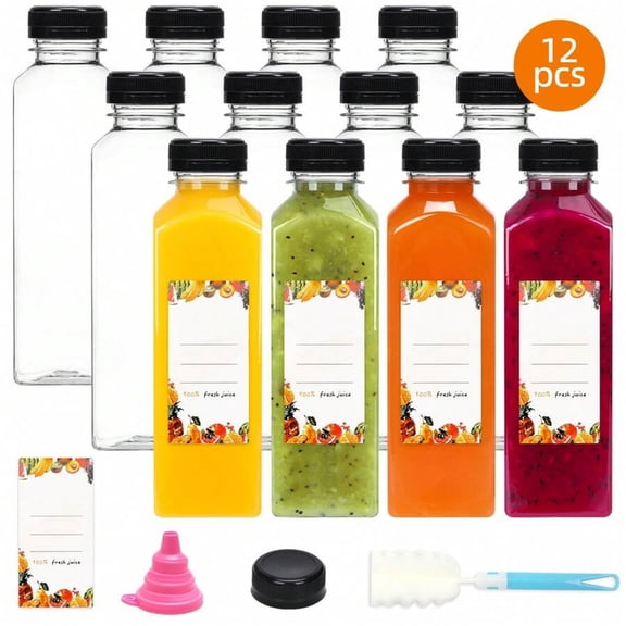 JQDWMDLX 12pcs 16oz Plastic Juice Bottles with Caps, Reusable Juicing Bottles, Clear Drink Containers with Lids for Drinking, Smoothie and Other Beverages