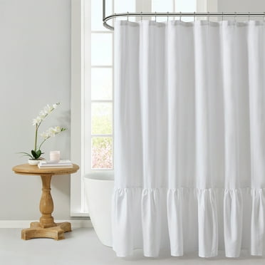 My Texas House Leighton Bright White Twill Ruffle Fabric Shower Curtain, 72" x 72"