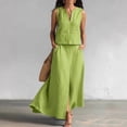 thumbnail image 2 of Womens Linen Look 2 Piece Sets With Sleeveless V Neck Vest And Side Slit Maxi Skirt Featuring Functional Pockets And Solid Color Green M, 2 of 6
