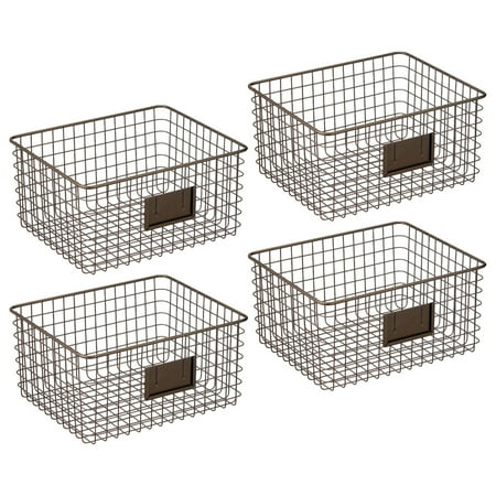 Design Farmhouse Decor Metal Wire Food Organizer Storage Bin Basket with Label Slot for Kitchen Cabinets  Pantry  Bathroom  Laundry Room  Closets  Garage - 4 Pack - Bronze