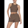 thumbnail image 3 of Conjuntos de Verano para Mujer, Conjunto Informal de 2 Piezas con Top Corto y Pantalones Cortos de Punto Gofre, Ropa de Dormir, Color Café, Talla S, 3 of 9
