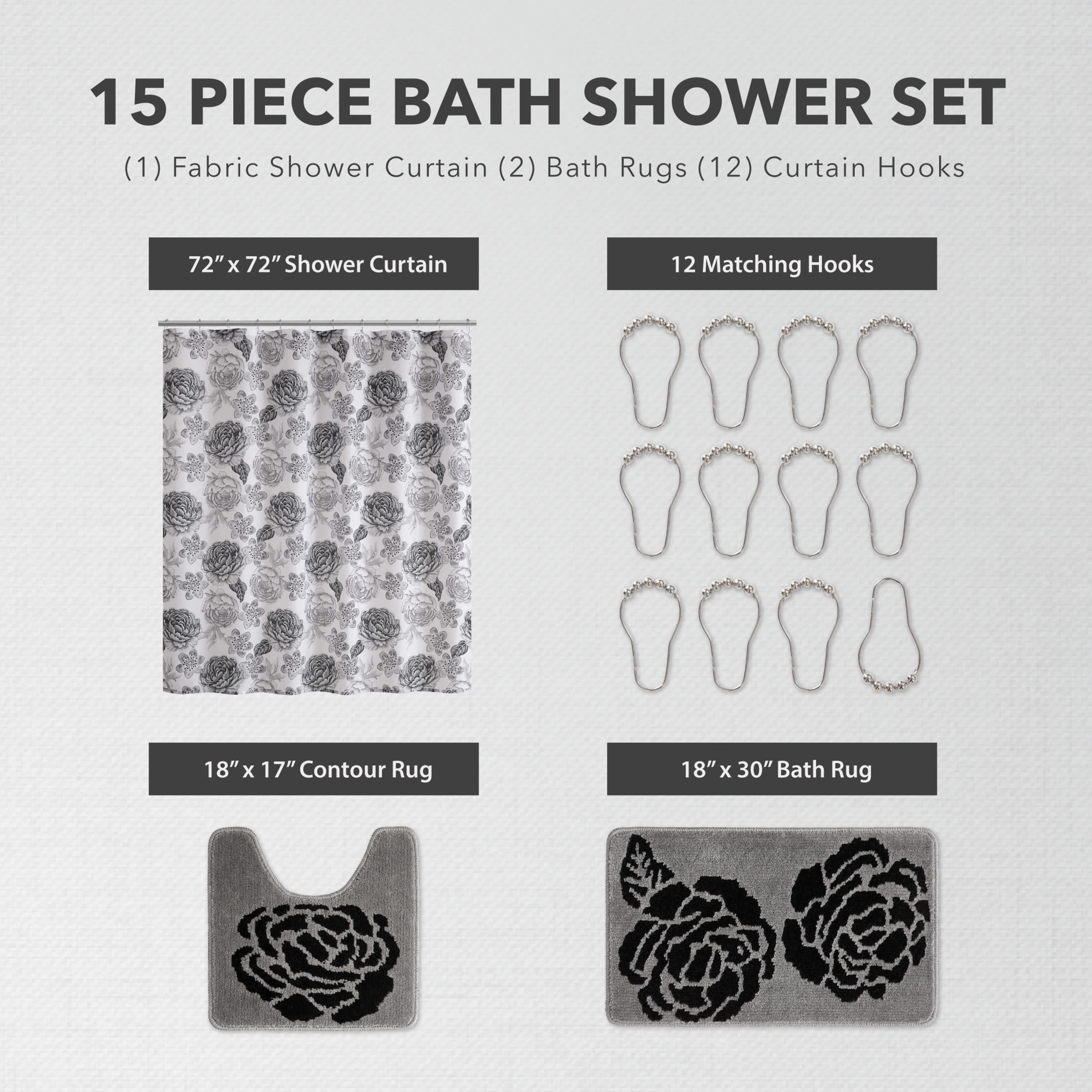 CHI Sydney Shower Curtain with Hooks and Rugs Modern Washable 72" W x 72" L 15-Piece Set