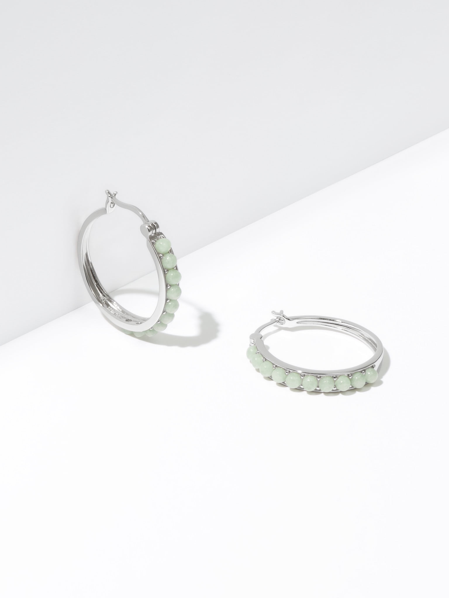 Forever Facets Women's Platinum over Sterling Silver Green Jade 3x2mm Hoop Earring