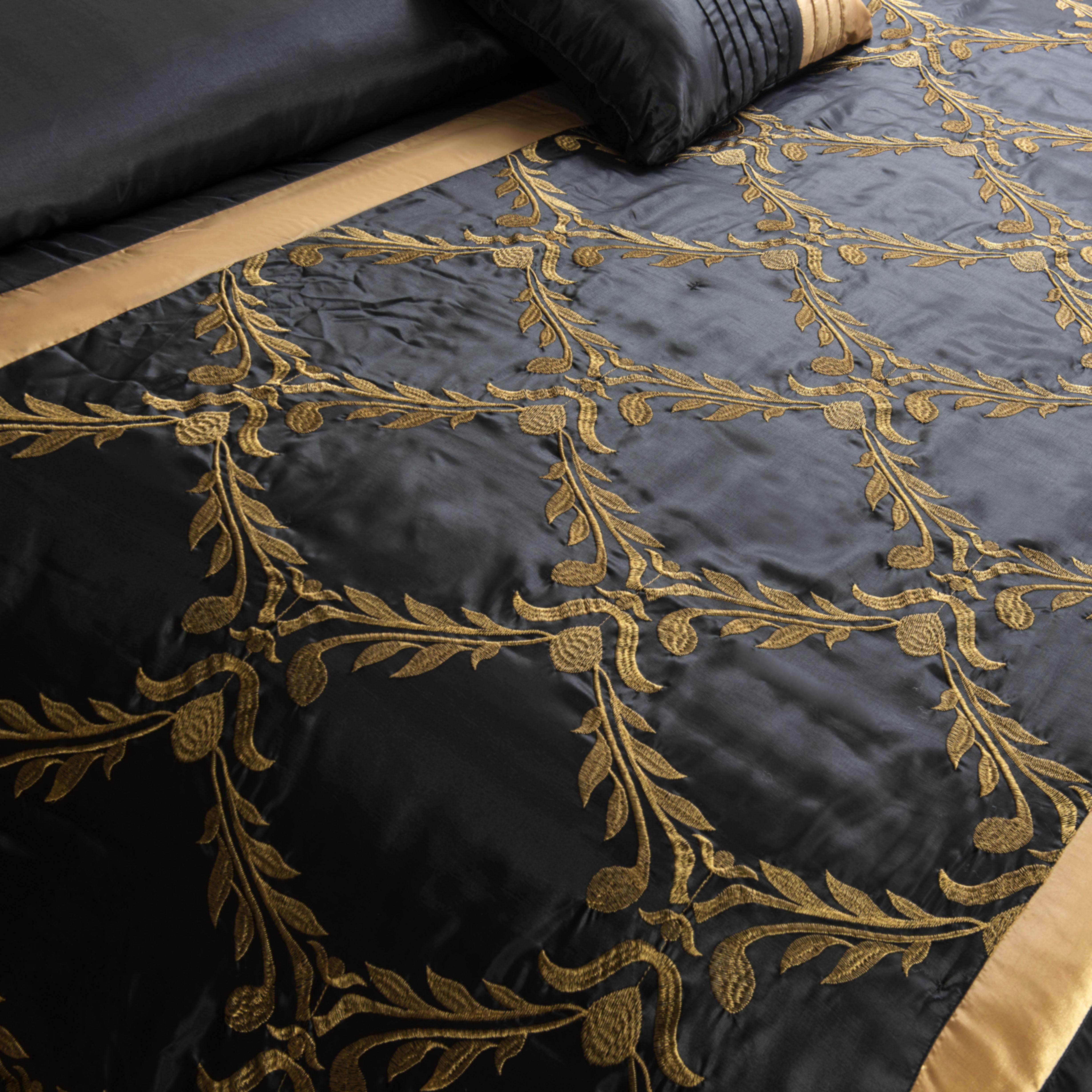 Foliage Embroidery 7-Piece Comforter Set in Black & Gold, Includes Bed Skirt - King Size Luxury Bedding