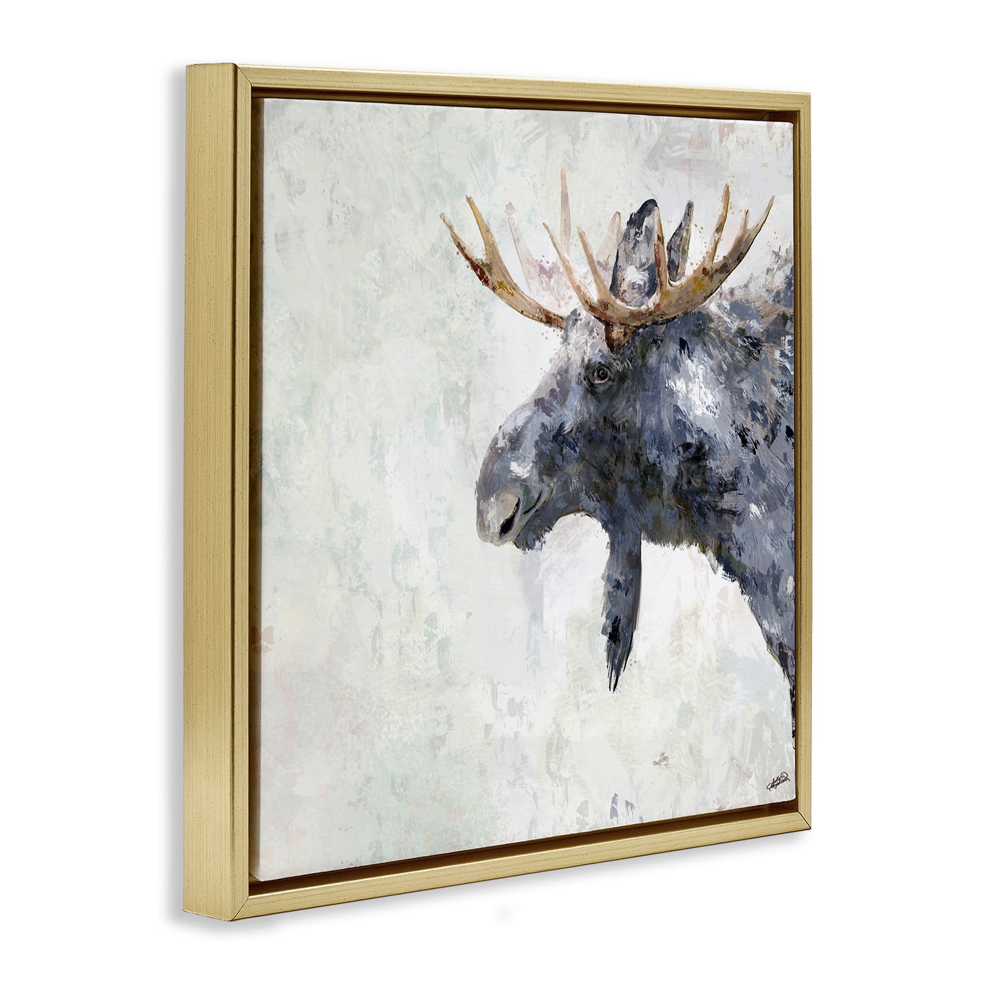 Stupell Industries Rustic Moose View Animals & Insects Painting Gold Floater Framed Canvas Art Print Wall Art, 18 x 18