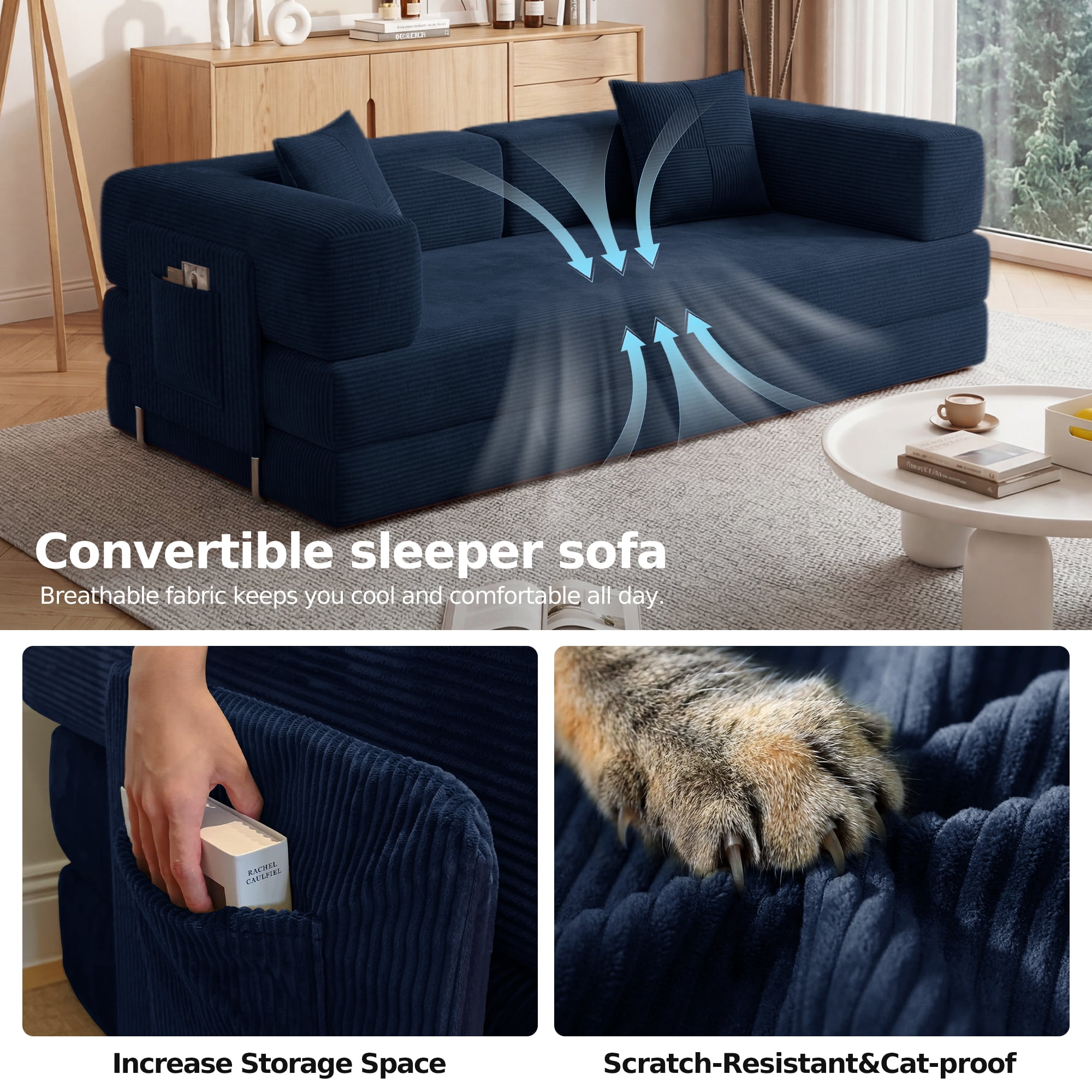 DILORA Convertible Sleeper Sofa Bed,Compressed Floor Boneless Couch,Modular Modern Corduroy Sofa for Living Room Bedroom,Easy Assembly(Bule)78.8''