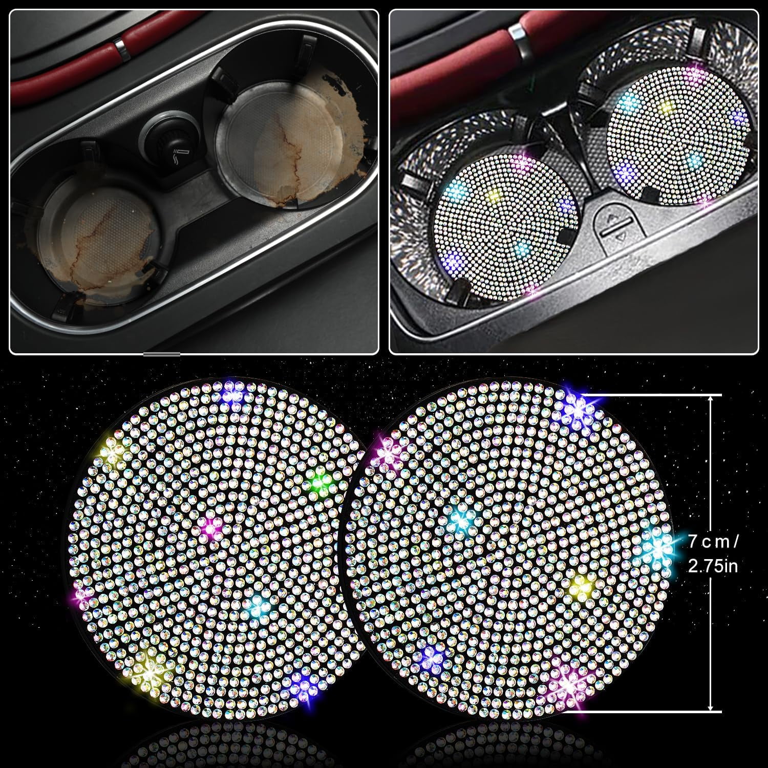 27 Pieces Bling Car Accessories Set for Women, Steering Wheel Covers Universal Fit 15 Inch, Bling Car Coasters, Bling License Plate Frame, Bling Phone Holder, Multicolor Diamond