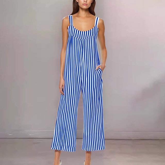 Pisexur Pantalon pour Femmes, Pantalon pour Mode Féminine Été à Rayures Imprimé Décontracté Sans Manches Combinaison Bleue, TG