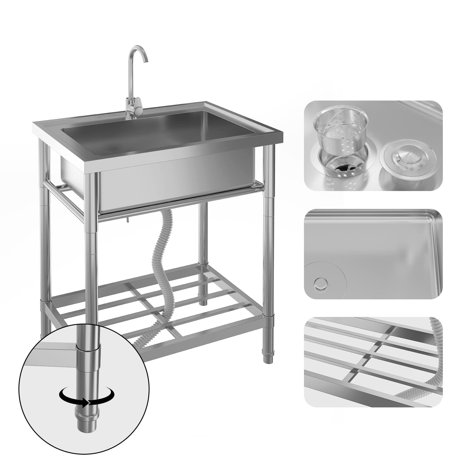 Utility Sink, Freestanding Single Bowl Laundry Sink with Hot and Cold Water, Stainless Steel Sink with Storage Shelf for Kitchen and Bathroom