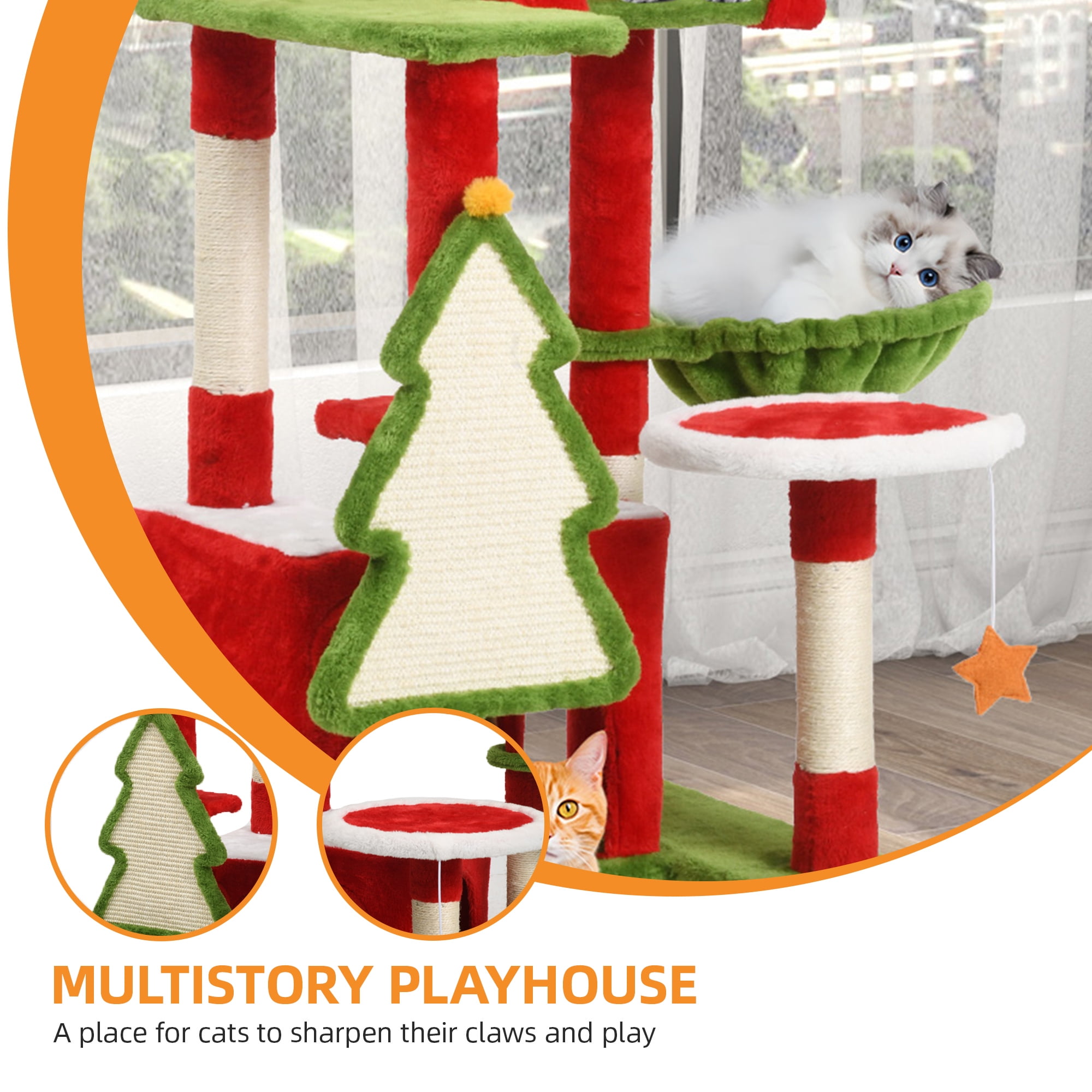 Uforic 75" Cat Tree Tower Condo, Multi-Level Christmas Cat Climbing Tower with Top Perches, Hammock,  Scratching Posts, for Indoor Kittens' Play Center