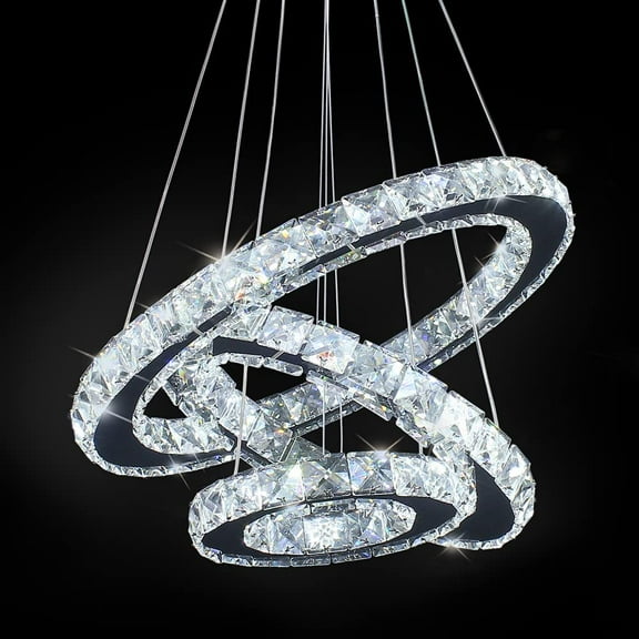FRIXCHUR 3 Rings Crystal Chandelier, Modern LED Round Pedant Lighting Stainless Steel Height Adjustable Ceiling Light for Living Room Bedroom Closet (White Light)