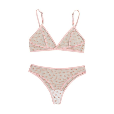 

Womens Lingerie Mesh Perspective Temptation Love Polka Dots Three Point Underwear Set
