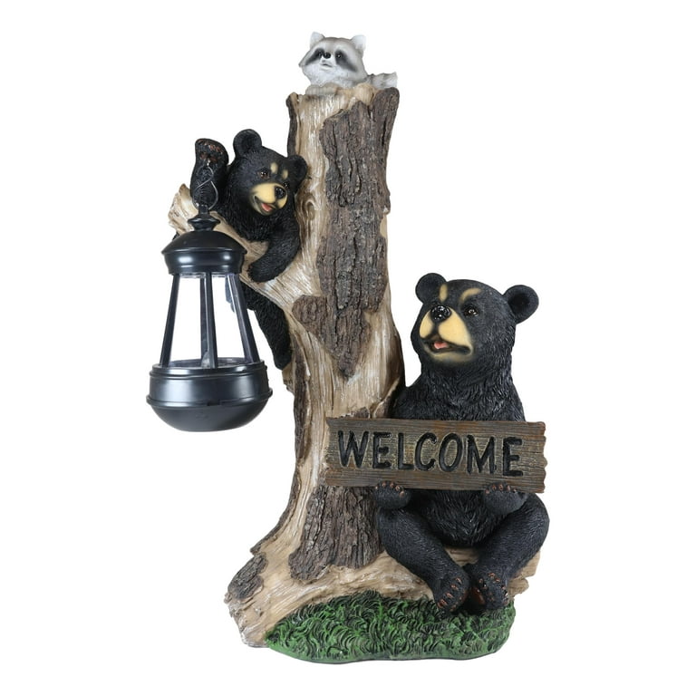 Ebros Forest Black Bear Mama & Cub W/Raccoon Welcome Sign Solar LED Light  Statue