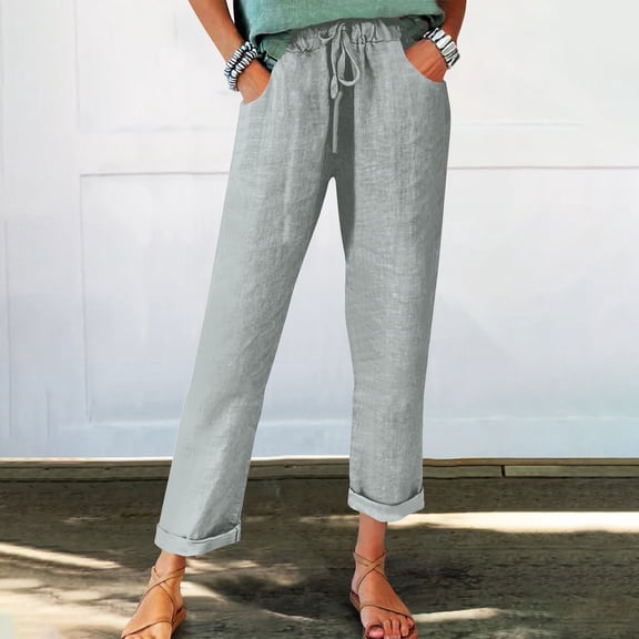 Xunlbb Women Linen Pants, Women's Spring And Solid Color Elastic Waist Cotton Linen Versatile Straight Tube Casual Wide Leg Pants Gift for Women ,Gray S