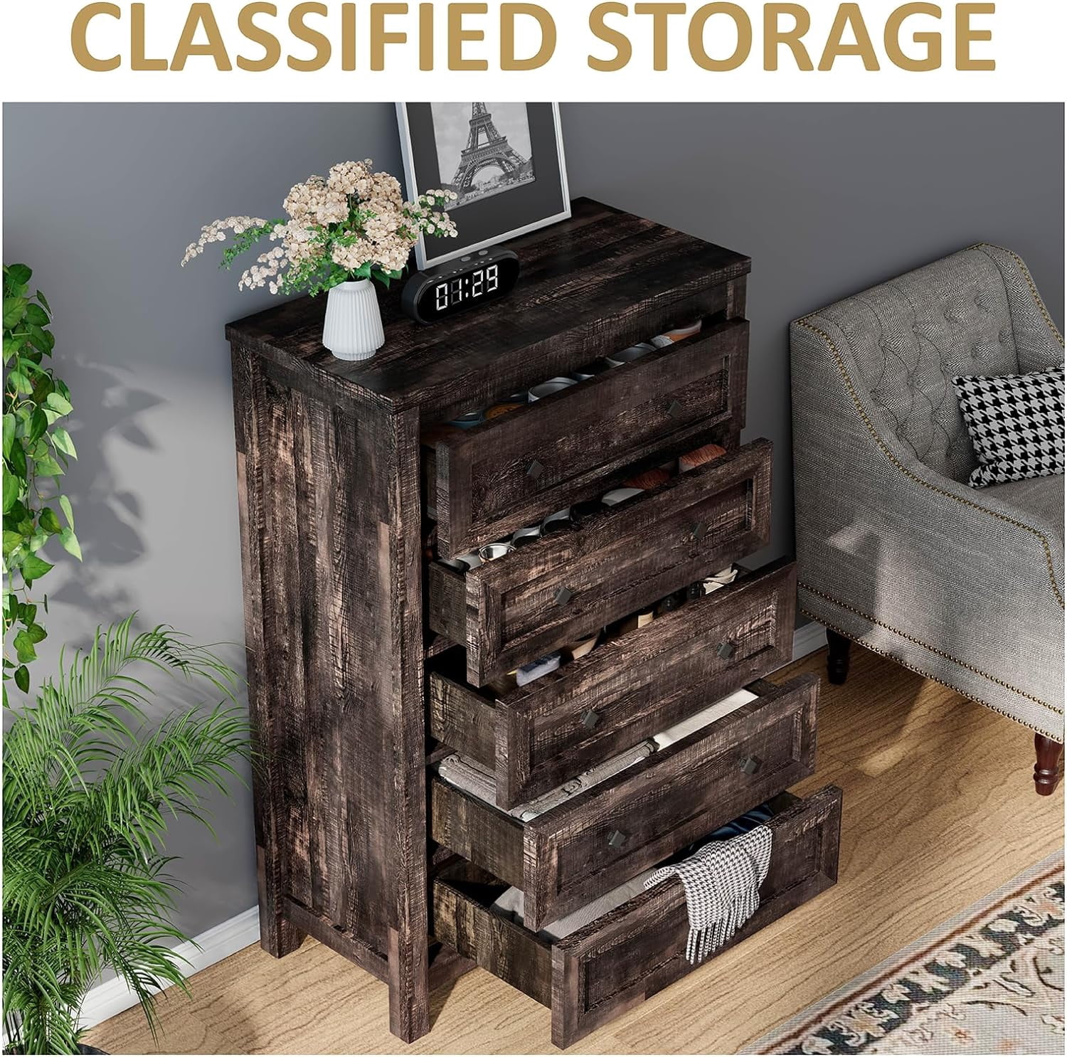 VANACC Farmhouse 5 Drawers Dresser, Wood Chest of Drawers for Bedroom, Living Room, Black Oak