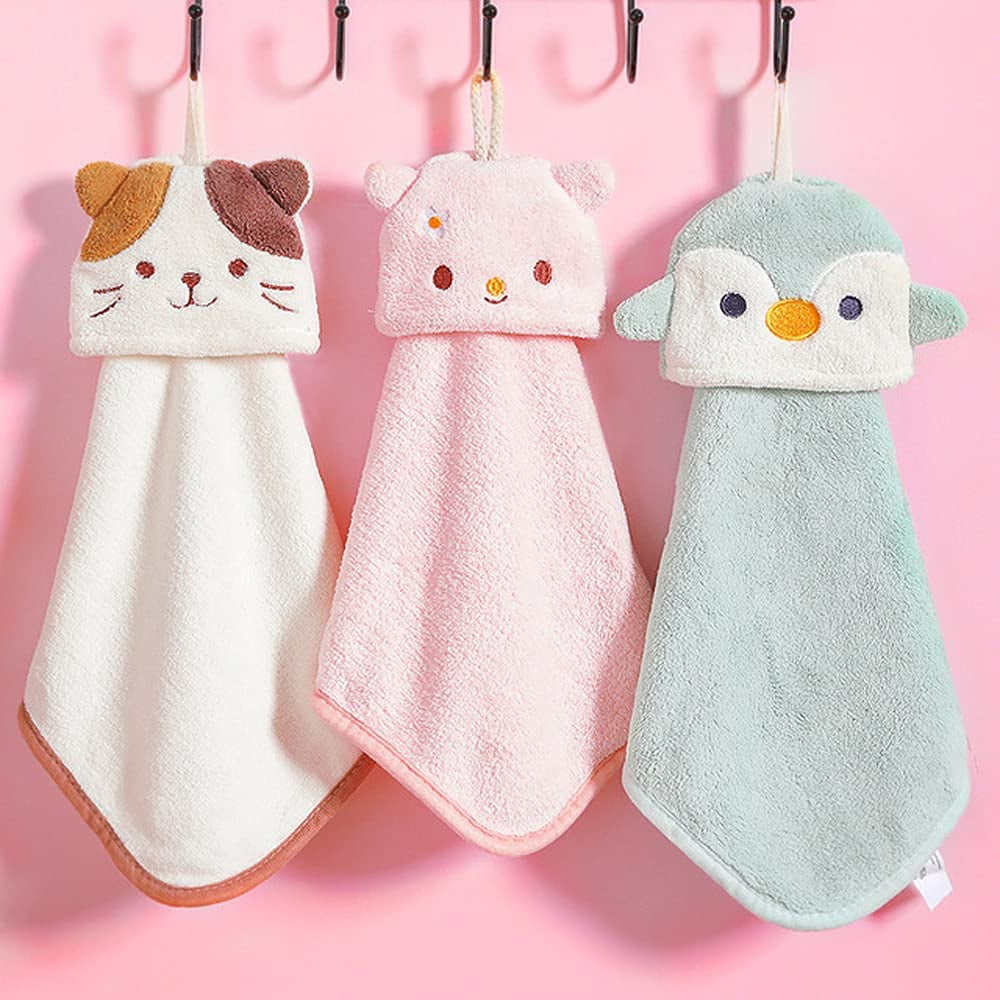 Misgirlot 4pcs Cartoon Cute Hand Towels Absorbent Coral Velvet Animal Hand Towels with Hanging Loops Colorful Cute Hand Towels with Hanging Loops