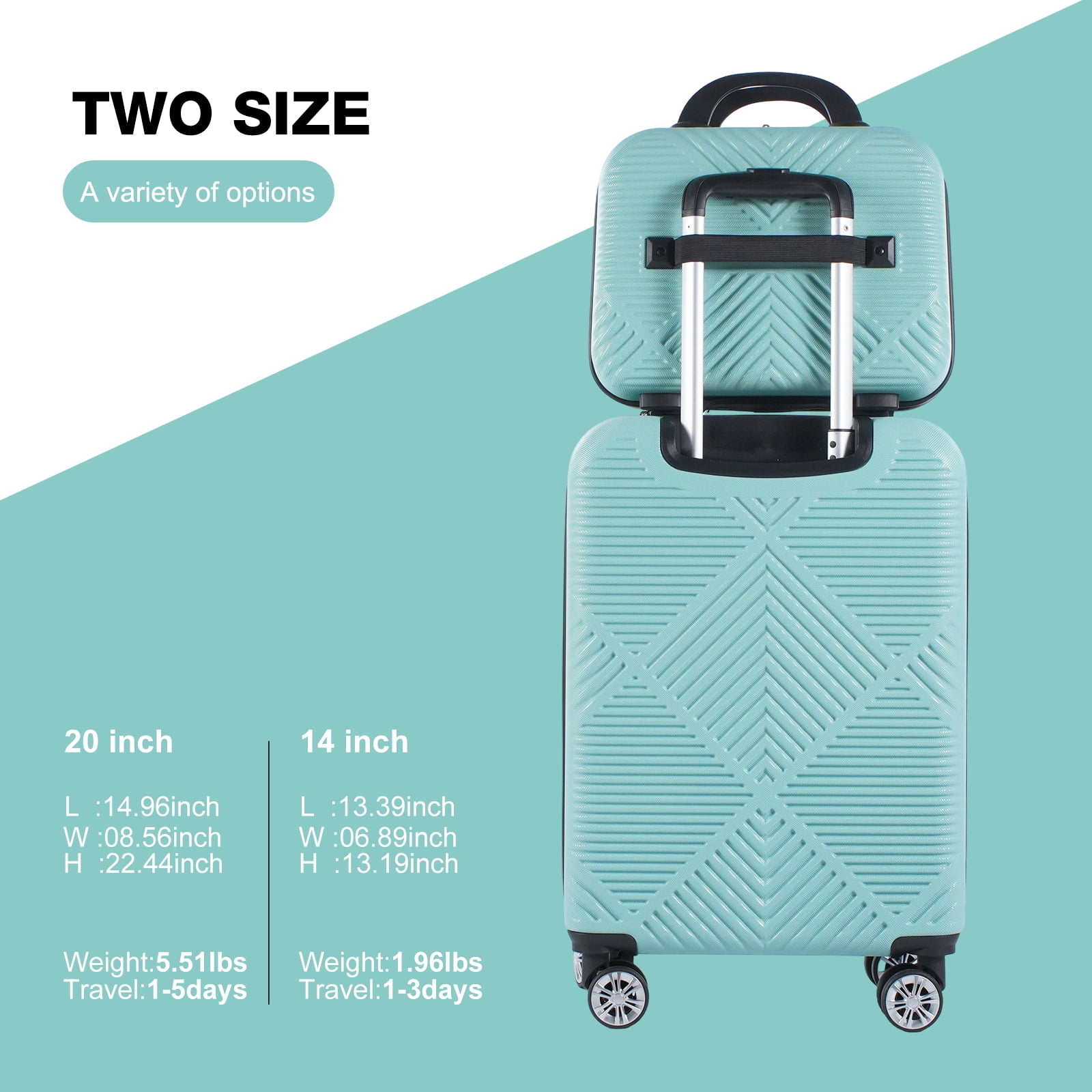 Tripcomp Luggage Sets 2 Piece Suitcase Set (14/20/)Hardside Suitcase with Spinner Wheels Lightweight Carry On Luggage(Light Blue)