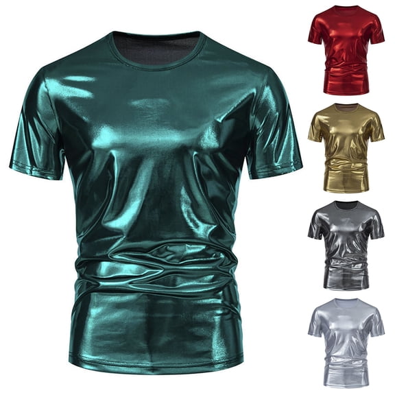 Metallic T Shirts for Men Lightweight Crew Neck Short Sleeve Tee Party Sparkly Shiny Tops Gold M