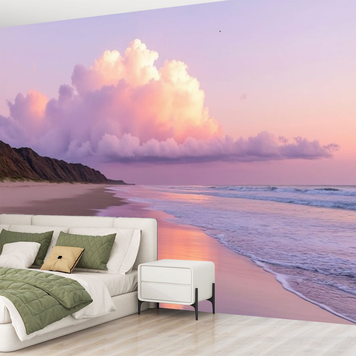 Peel and Stick Wallpaper Beach Pink Clouds Reflective Water Gentle Waves Distant Hills Pink Modern Art Wall Mural Decor Self Adhesive and Removable 69in x 98in