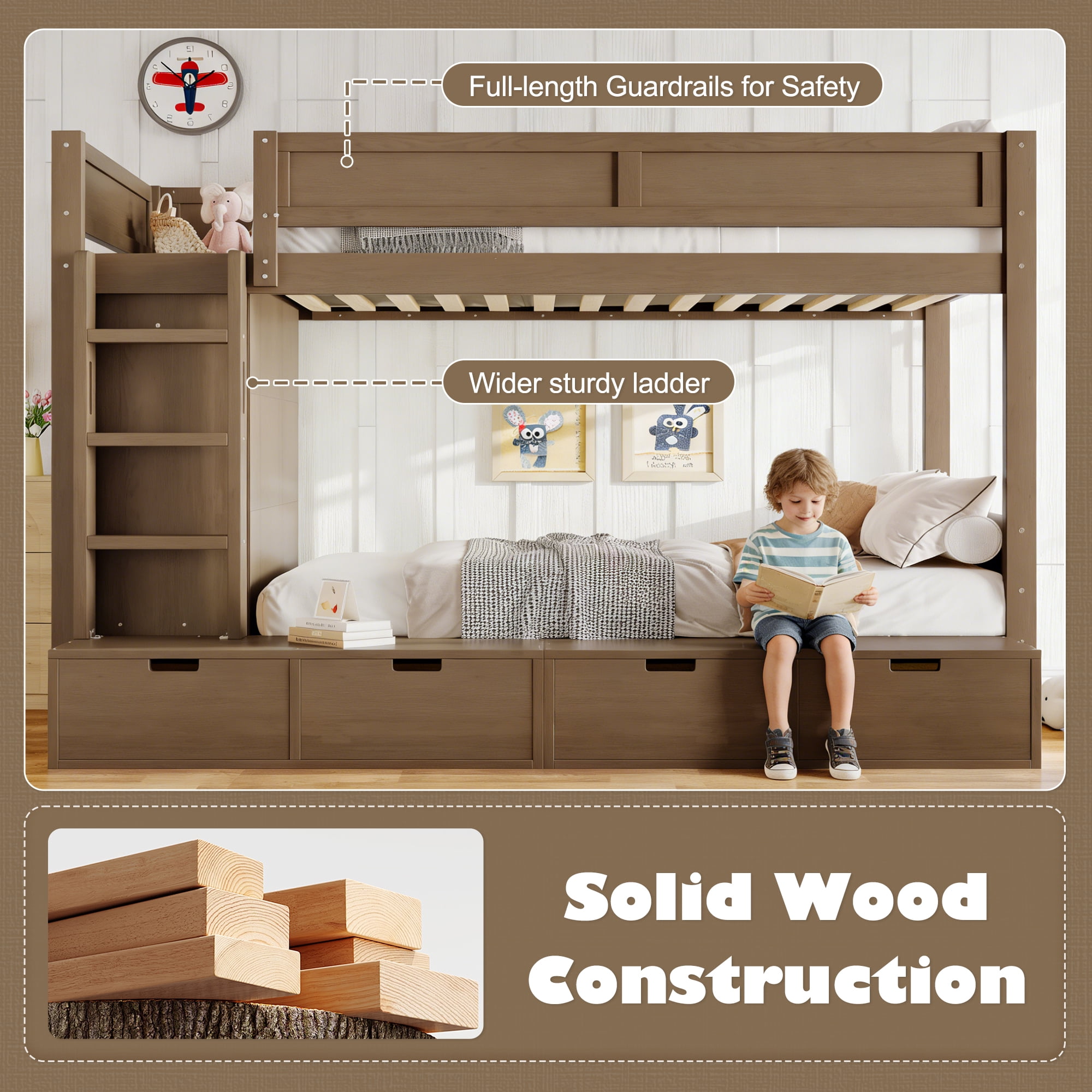 Mintazer Twin over Twin Bunk Bed with Wardrobe, Kids Bunk Bed with 4 Storage Drawers & Ladder for Bedroom, Brown