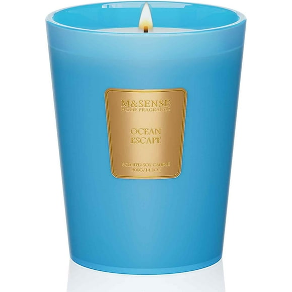 M&SENSE Natural Soy Wax Ocean Escape Summer Scented Candle, 14.1oz Large Blue Candle 60 Hours Long Lasting Burning for Home & Bathroom Decor, Big Aromatherapy Candle Gifts for Stress Relief