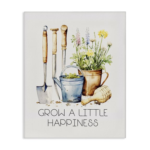 Stupell Industries Grow Happiness Gardening Plants & Flowers Painting Wrapped Canvas Art Print Wall Art, 16 x 20