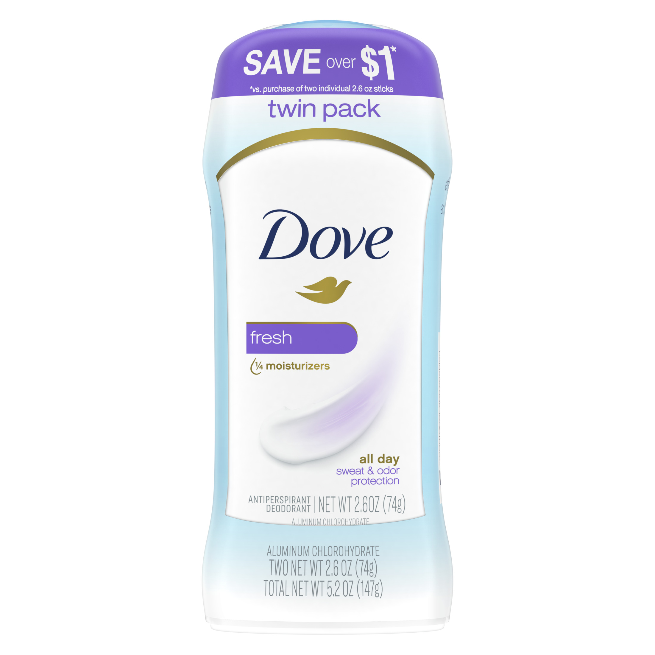 Dove Long Lasting Women's Antiperspirant Deodorant Stick Twin Pack, Fresh, 2.6 oz