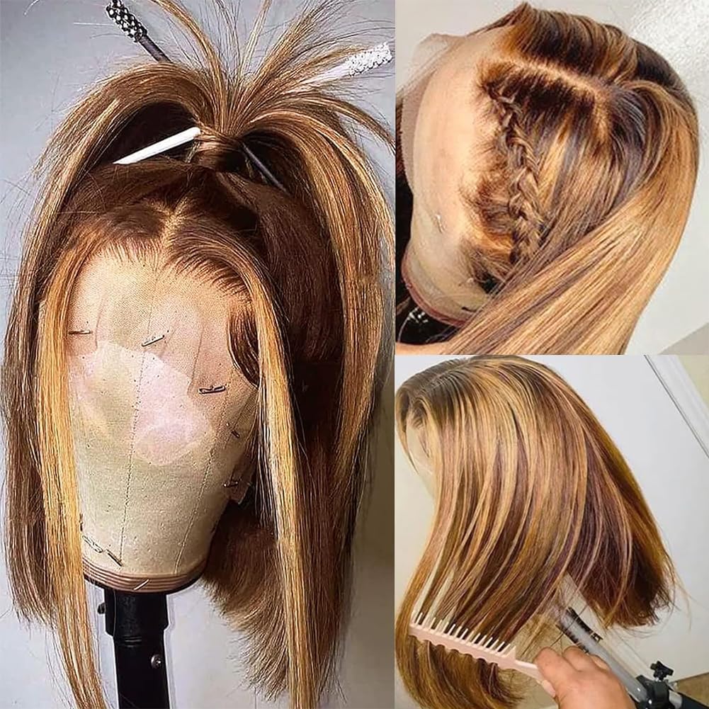 Highlight Ombre, 13x4 Lace Front, Glueless Short Bob Human Hair Wig, P4/27 Honey Blonde 8inch