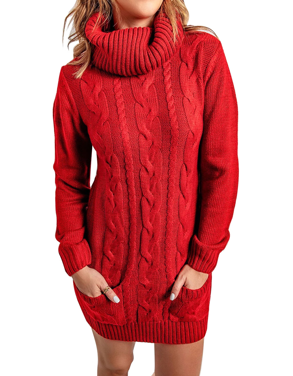 Sweaters for Women Turtleneck Sweater Dress Solid Color Chunky Cable Knit Casual Pullover