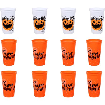 IOS Halloween Themed Reusable Kids Goblet Tumblers White Jack O Lantern Design "Boo" Orange "Happy Halloween Plastic Cups (20oz), Bundle With Regalong Pambaata, (12ct/pack)