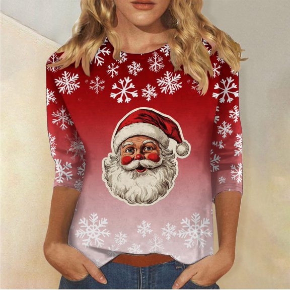 Aimik Winter Christmas Tops for Women Festival Christmas Print Relaxed Fit 3/4 Sleeve Crew Neck Casual Pullovers