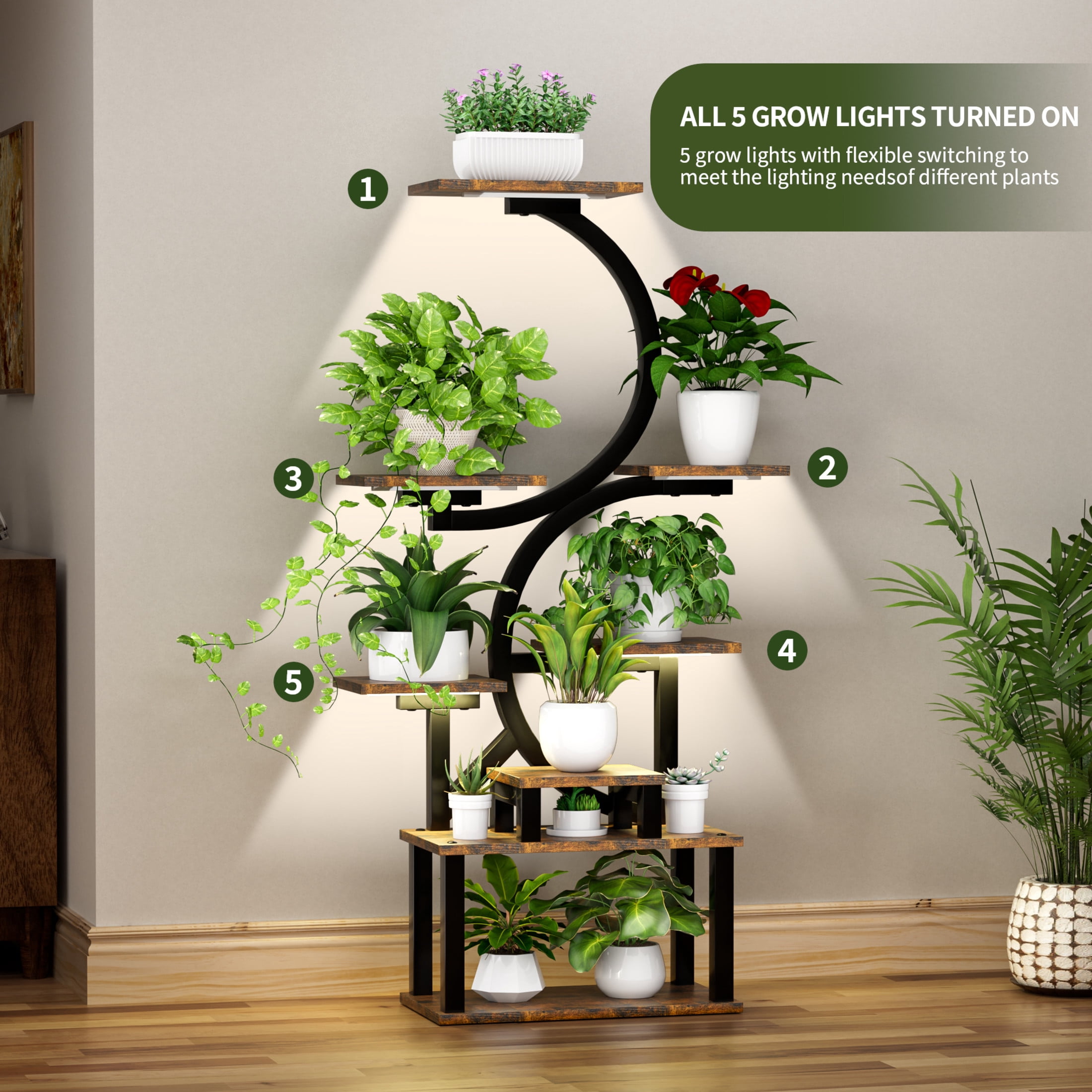 Noble House 62" 8-Tier S-Shaped Indoor Plant Stand, Wood Multi-Plant Display Rack with 5 Grow Lights, Rustic Brown