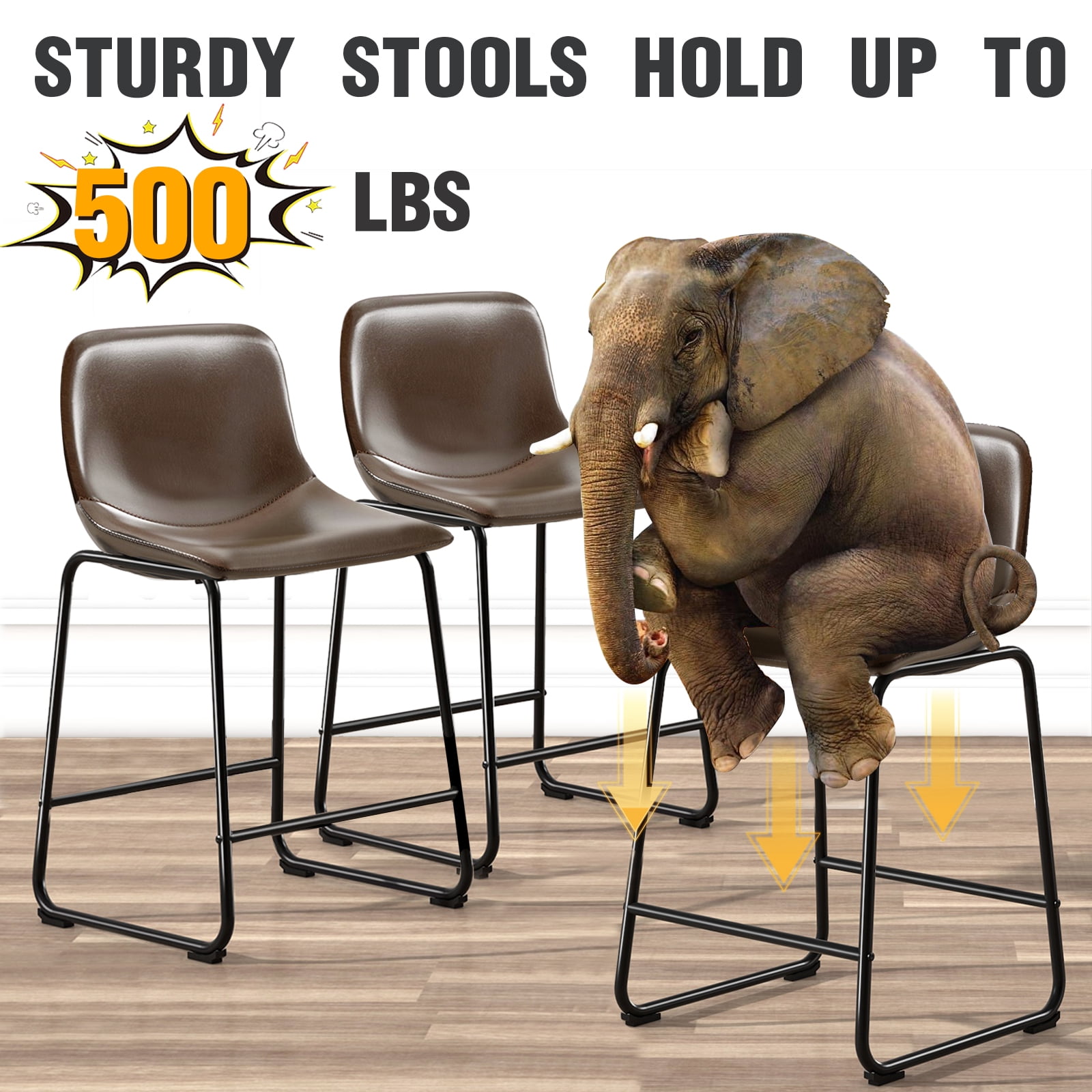 RTVR Counter Height Bar Stools Set of 3, Dining Chairs for Home Kitchen Island, Support 500 lbs,Counter Stool with Back, Modern Faux Leather Barstools with Metal Legs and Footrest,Brown