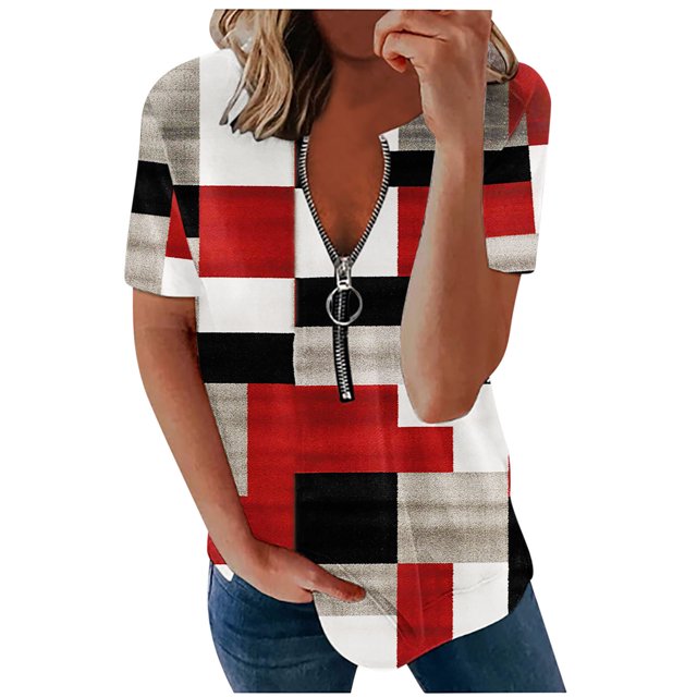 Pompotops Femmes Mode Imprimé Casual Col Rond Manches Courtes T-Shirt Blouse Tops