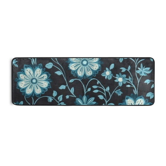 Blue Flowers on Black Background Runner Rug for Hallways Kitchen Non Slip 2'x 6' Washable Hall Carpet for Bedroom Entryway Laundry Room