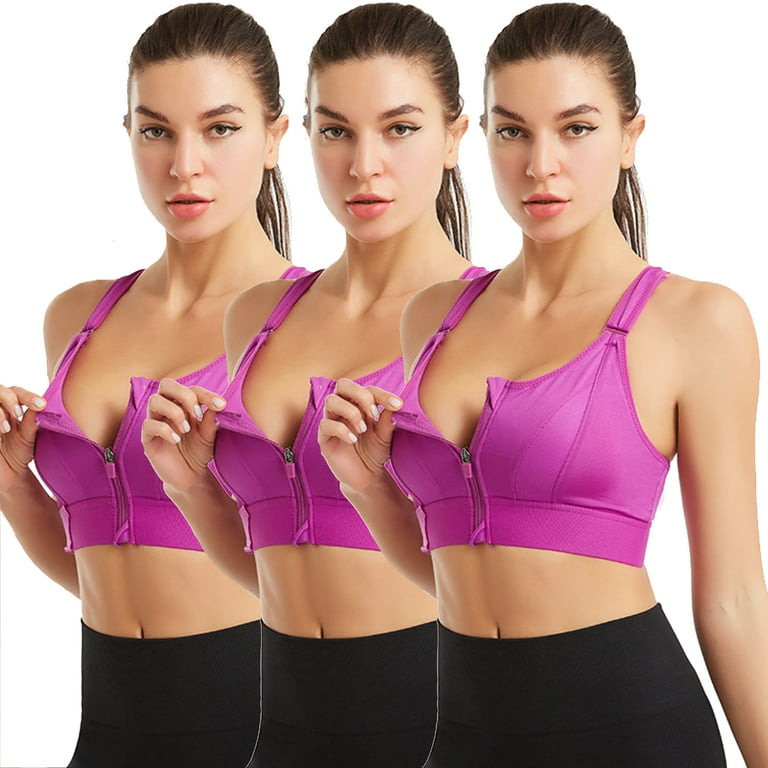 Elbourn 3Pack Works Women's Plus Size Zip Front Bra High Impact Racerback  Gym Activewear Bra （Purple-XL） 