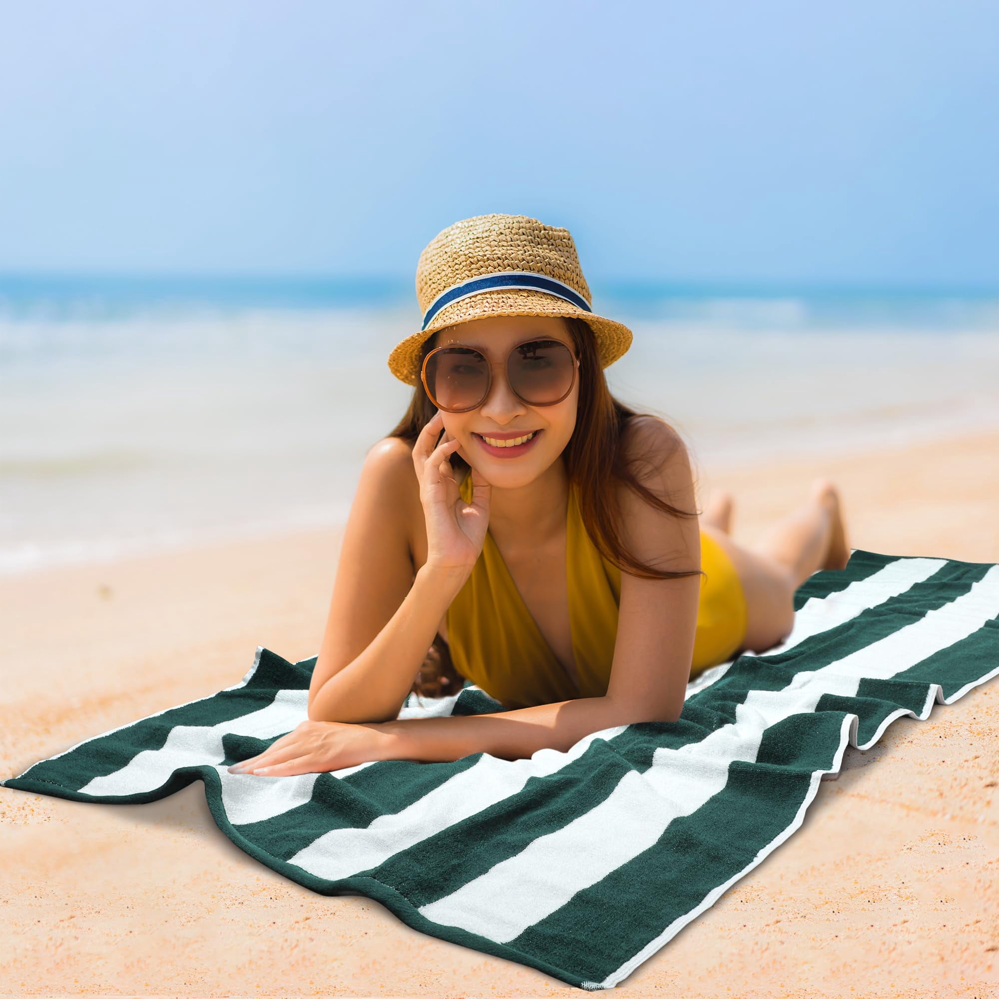 ESSELL 24/7 Cabana Stripe 4 Piece Beach Towel Set, 100% Cotton, Quick Dry, High Absorbent Bath Towel, Perfect for Pool, Travel, Swim, Parties, Guests, Daily Use, Extra Large, (30”X60”) - Hunter Green