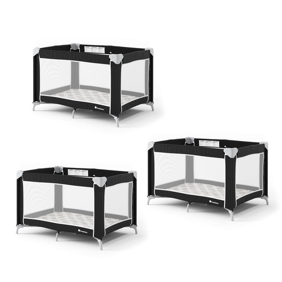 Foundations Sleep 'N Store Travel Play Yard with Foam Mattress, Storage Bag, and Foldable Frame, 3-Pack, Graphite