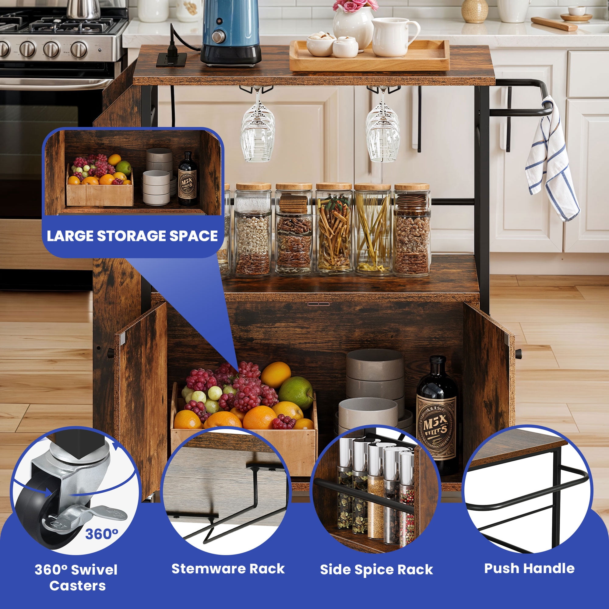 ModFusion 36" Modern Rolling Kitchen Island Cart with Power Outlet, Microwave Stand, Spice Rack, Open Shelves & Swivel Casters – Kitchen Serving & Storage Cart